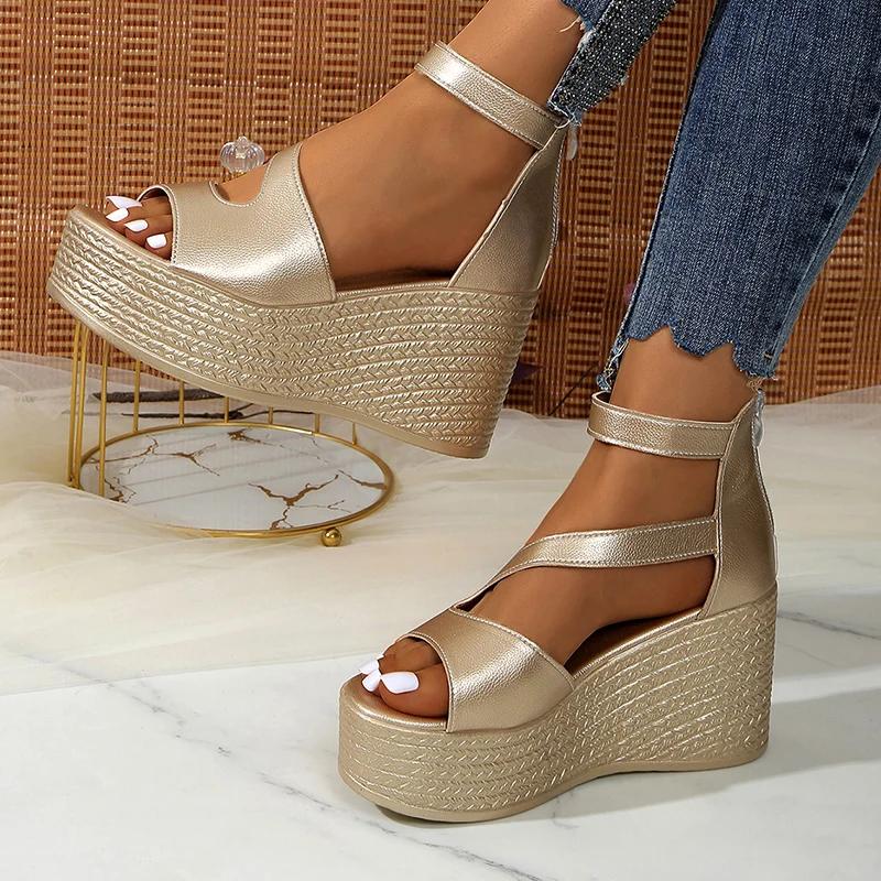 Fashion Women's Peep Toe Chunky Platform Sandals Ankle Strap Wedge Heel Gladiator Sandals for Women 2025 Summer Thick Bottom Beach Shoes