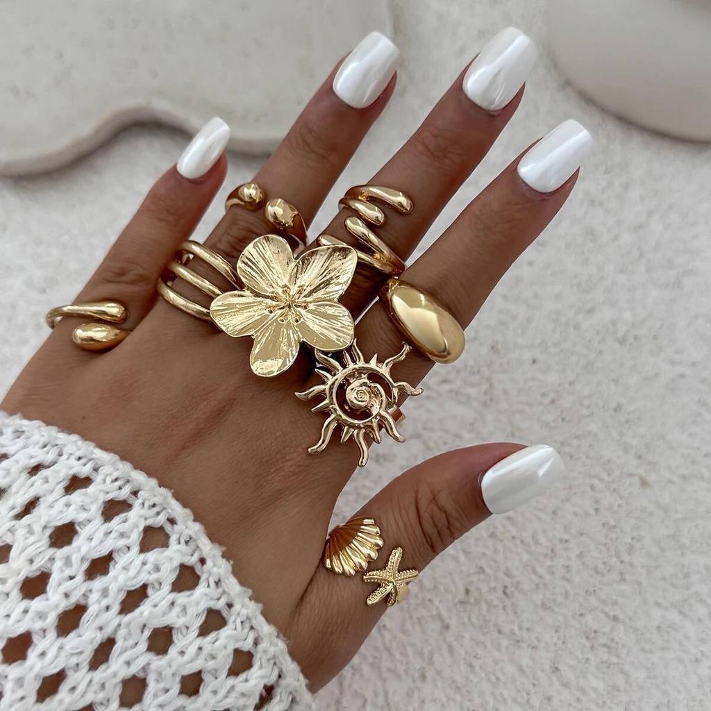 Ingemark 8Pcs/Set Creative Sunflower Scallop Open Rings for Women New Trend Vintage Irregular Water Drop Ring Couple Jewelry Men