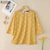 Women Casual Round Neck 3/4 Sleeve Loose Polka Dot Print Blouse