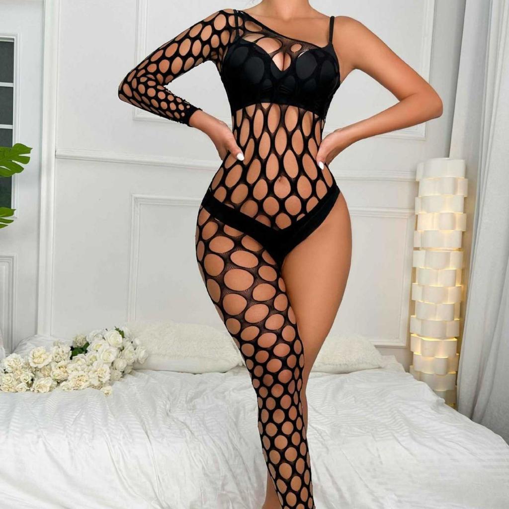 Fun European and American style personalized hottie single sleeve legs hollow fishing net jumpsuit sexy wear hot diamond net coat A111