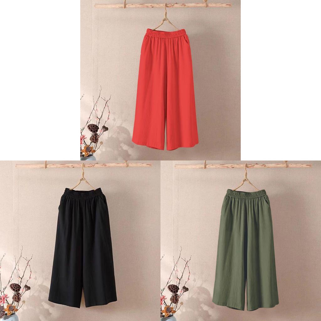 Casual Cotton Linen Wide Leg Pants For Women With Elastic Waist And Pockets For Summer Comfort