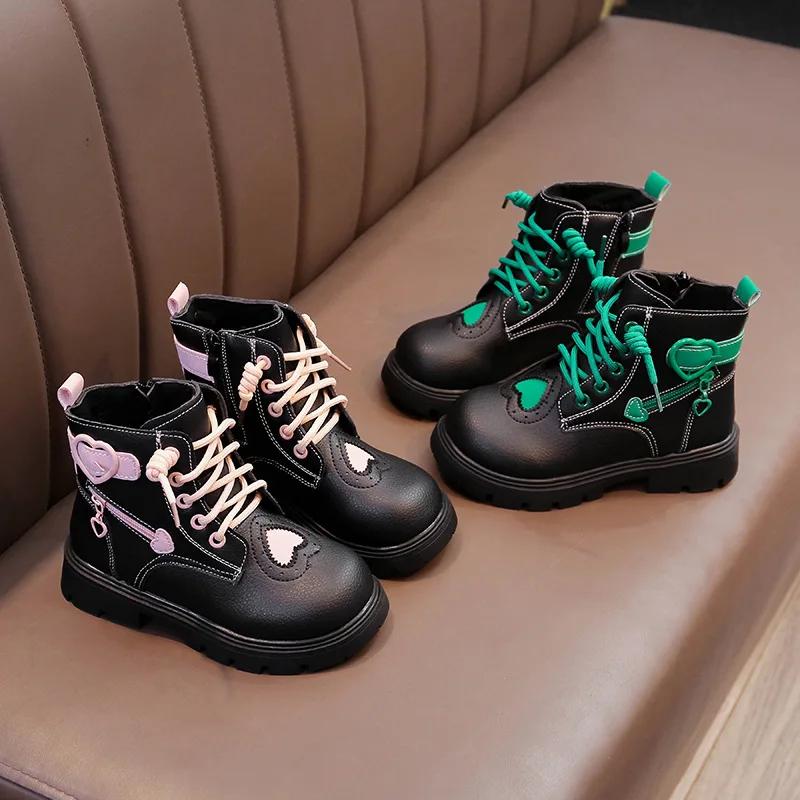 Girls Ankle Boots for Medium Big Kids Black PU Leather with Heart Deco Fashion Princess Motorcycle Rubber Boots Autumn Winter