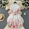 Autumn Luxury Lace Flower Print Dresses Women's Stand Collar Embroidery Elegant High Waist Slim Party Dress