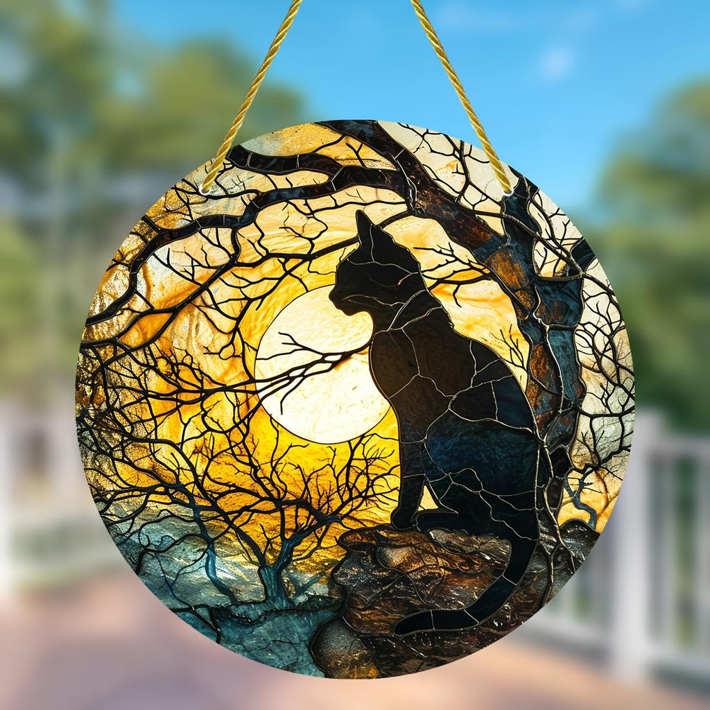 1pc Black Cat Sunset Front Art Stained Window Hanging, Suncatcher Acrylic Wreath Sign Garden Outdoor Decorative Artwork