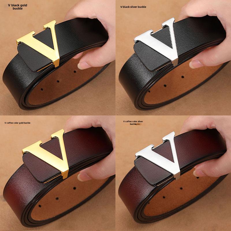 Мужской ремень с гладкой пряжкой в стиле ретро — большой размер, натуральная воловья кожа с дизайном в виде буквы V