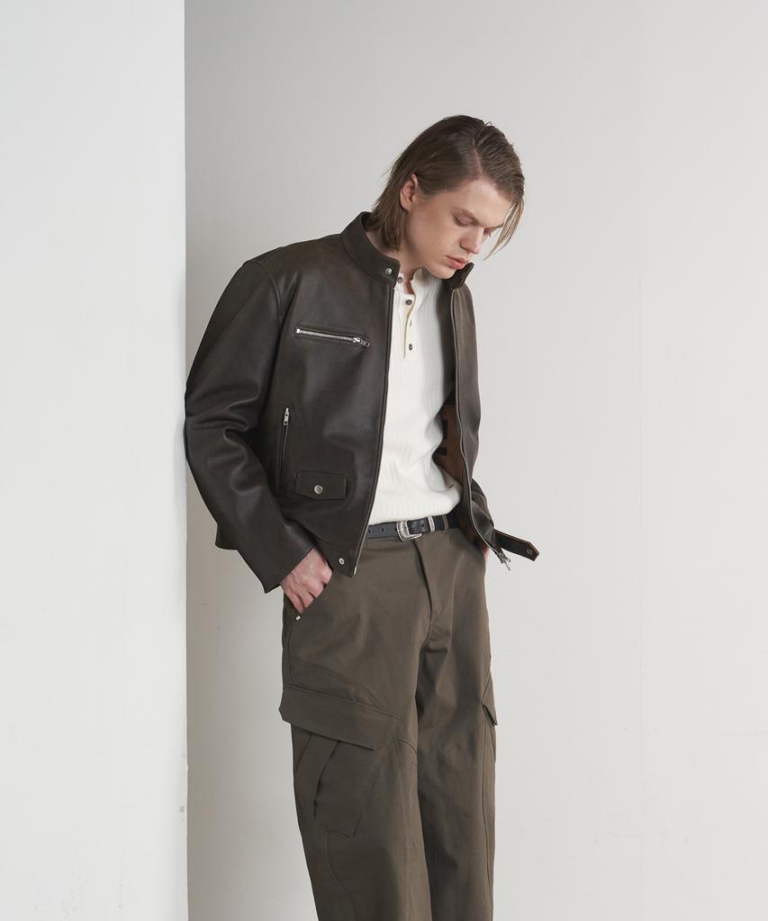 Sperone [Real Leather] Cracked Washed Mandarin Collar Zip-Up Jacket (Brown)