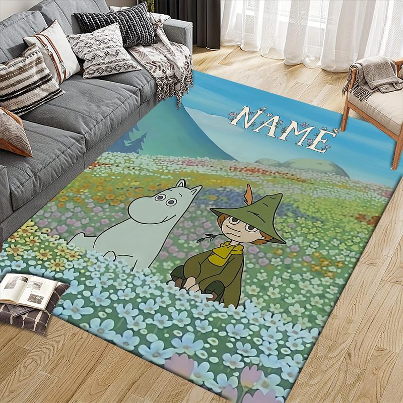 Custom Name,Moomin&Snufkin Home Sofa Decoration for Living Room & Bedroom, Non‑Slip Play Flannel Floor Mat for Game Room