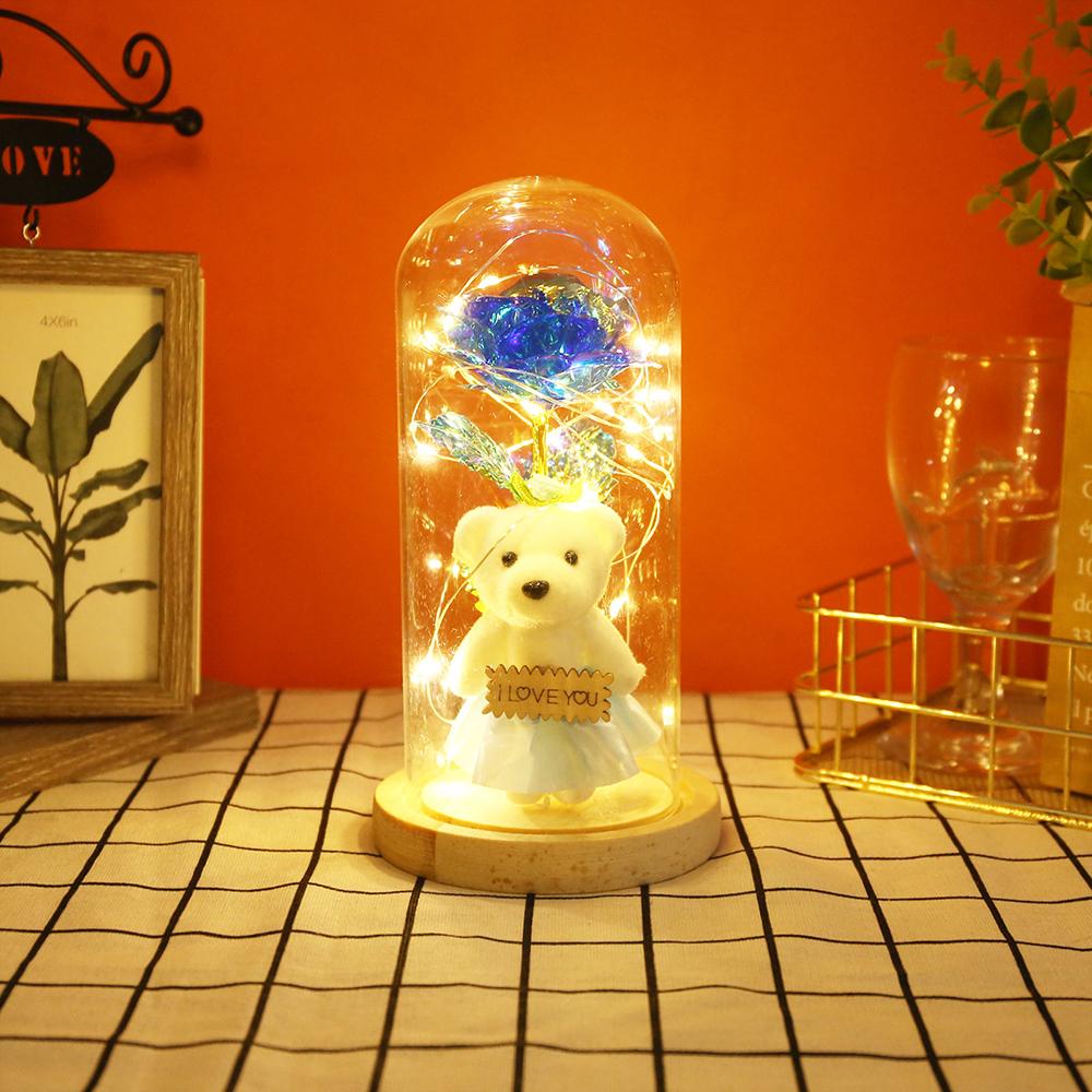 Очарованная красота Роза и Медведь со светодиодной подсветкой в ​​стеклянном куполе на деревянной основе Ночник для вечеринки День матери День рождения Подарок на День святого Валентина