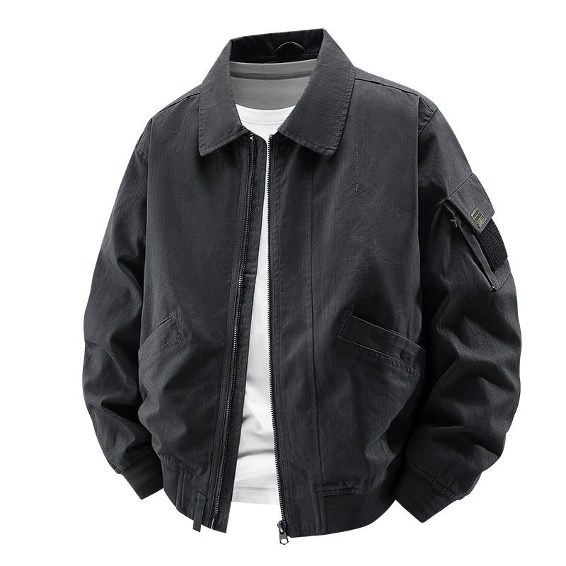 Unisex Casual Cotton Bomber Jacket - Solid Color, Lapel, Spring/Autumn, Loose Fit