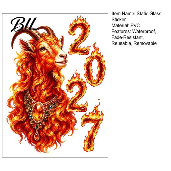 2027 New Year Decorations of Goat Window Cling, Lunar Zodiac Glass Sheep Decals Sticker, Flame Style Spring Festival Door Decor for Home Shop Festive