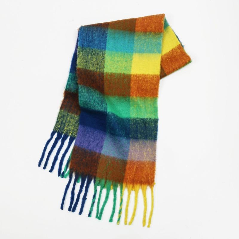 High-end Color Matching Mohair Scarf Women's Autumn and Winter Warmth Thickened Versatile Plaid Tassel