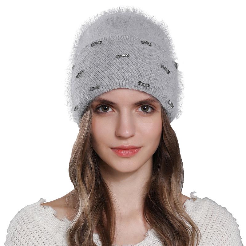 Зимний теплый шерстяной универсальный женский пуловер с двойным сложением и кроличьей шерстью, вязаная шапка с клапаном