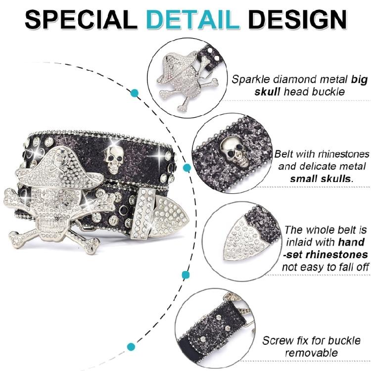 Rhinestones Studded Pirate Buckle Belt for Adult Teens Street Waistband for Pants Shimmering Waiststrap Waist Ornament