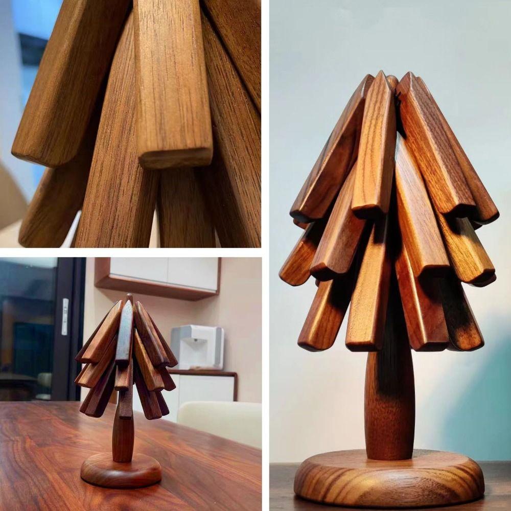 Foldable Wooden Trivet for Hot Dishes Non-Slip Placemats Ornaments Walnut Tree Table Mat Set  Pot