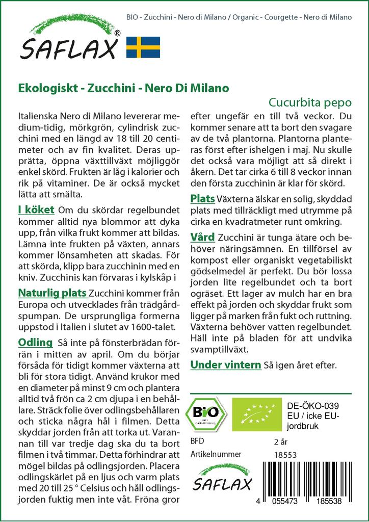 SAFLAX Сад в пакете - Органический - Кабачок - Неро ди Милано - 6 семян - С субстратом в подходящем стоячем пакете - Cucurbita pepo