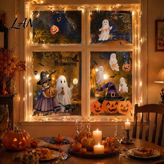 Indoor Outdoor Halloween Decor 2Pcs Watercolor Static Window Clings, Ghost Witch Pumpkin Black Cat Bat Decals, No-Glue Clings Removable Glass