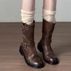 Модная дизайнерская женская обувь 2024 года, осень-зима, новые женские сапоги на платформе, классические коричневые сапоги с круглым носком, британские женские сапоги до середины голени