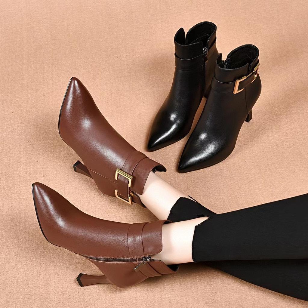 Модные ботильоны на тонком каблуке с острым носком женские 2025 осень и зима европейский и американский стиль персонализированная пряжка ремня ботильоны на высоком каблуке первый слой коровьей кожи