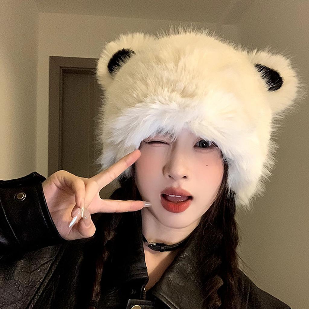 RICYGVM Winter Women Plush Beanie Soft Fluffy Fur Pullover Cap Snow Windproof Warm Ear Protection Hat Cute Cartoon Bear Bonnet