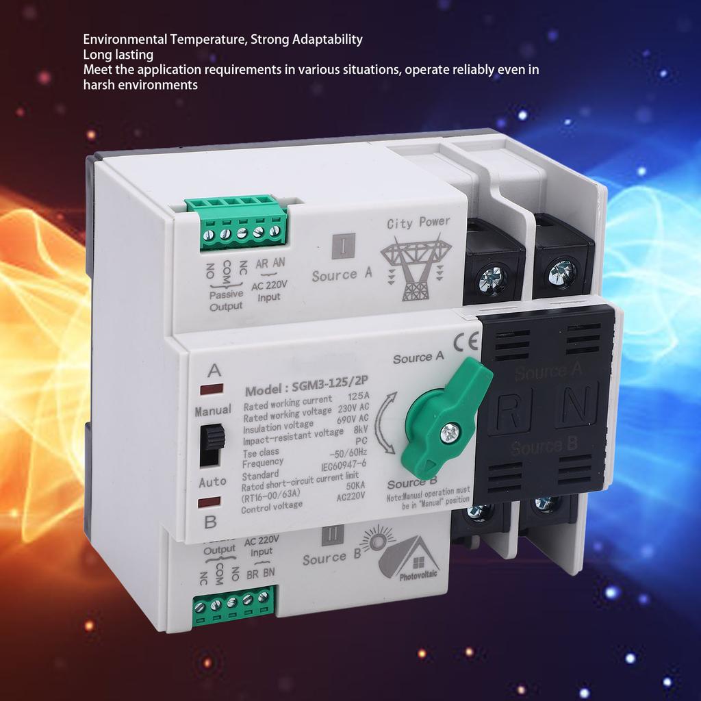 Double Power Automatic Transfer Switch 125A 2P Millisecond Switching Double Power Generator Changeover Switch for PV