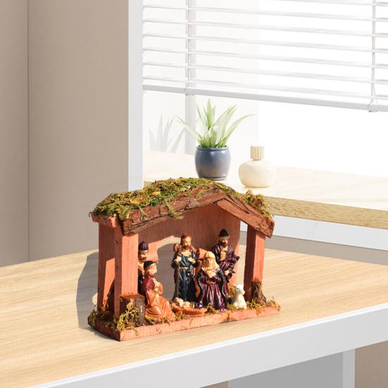 Christmas Nativity Figurine Set Jesus Manger Scene Holy Family Resin Statue Religious Christmas Stable Figures Set for Indoor Tabletop Decor