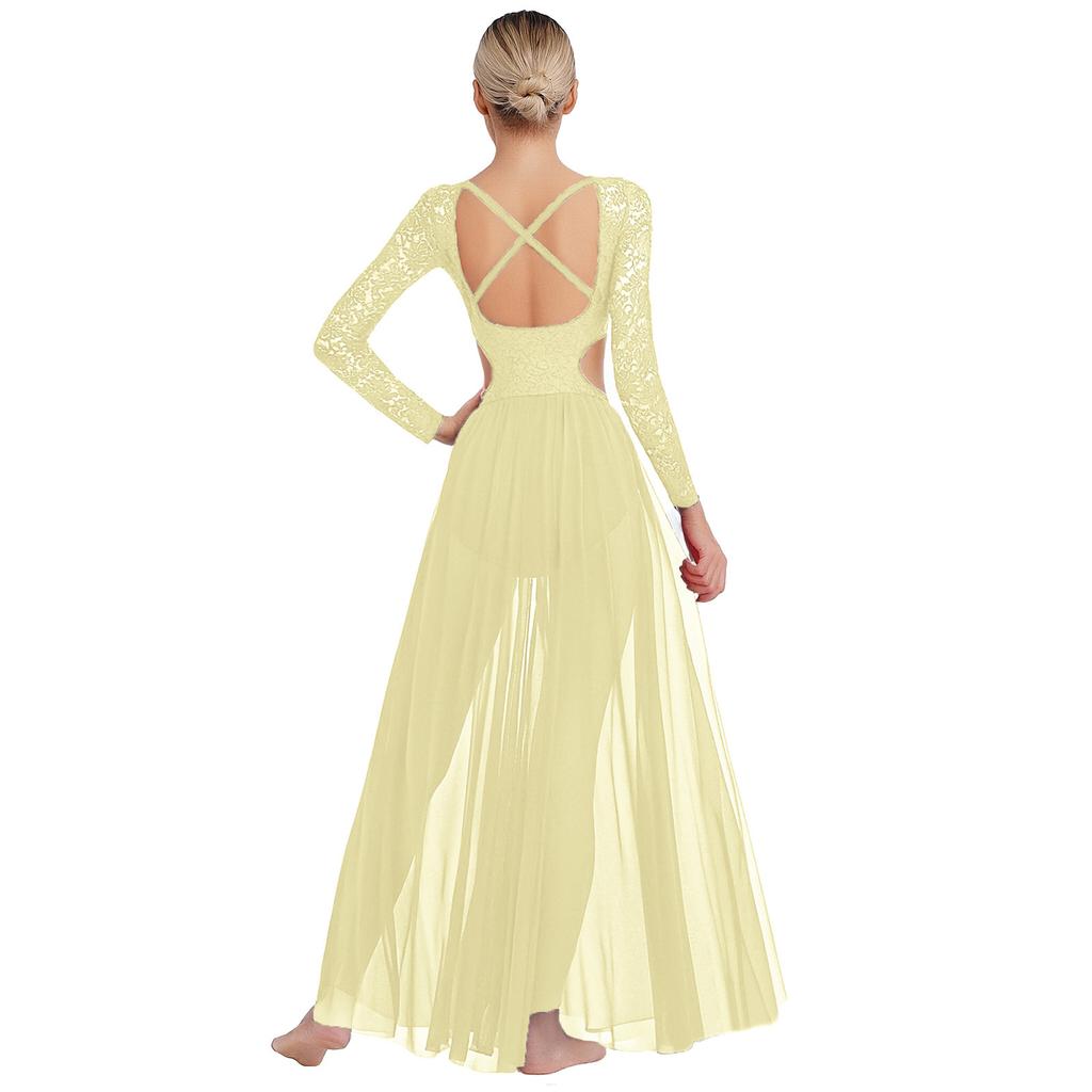 Женское платье для лирического танца с лоскутным цветочным кружевом, длинный рукав, вырезы по бокам талии, спина открыта, струящаяся сетка, платье для выступлений