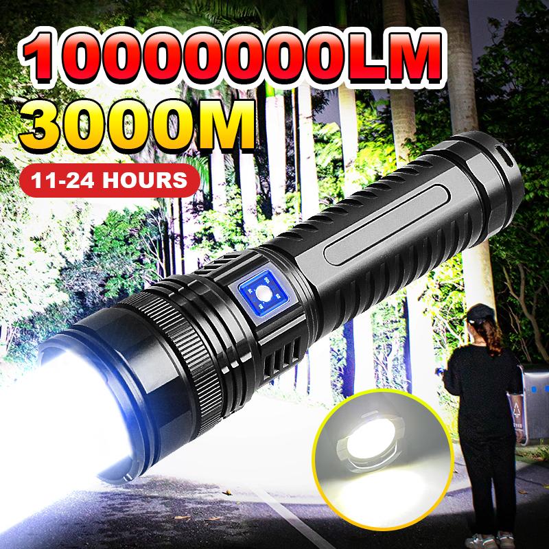 Фонарик большой емкости 15000 мАч, перезаряжаемые светодиодные фонарики высокой мощности, фонарик с зумом, дальнобойный 3000 м, COB-подсветка