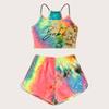 Womens Sleeveless Strappy Short Tie-dye Print Cami Belt Top And Pants Suit