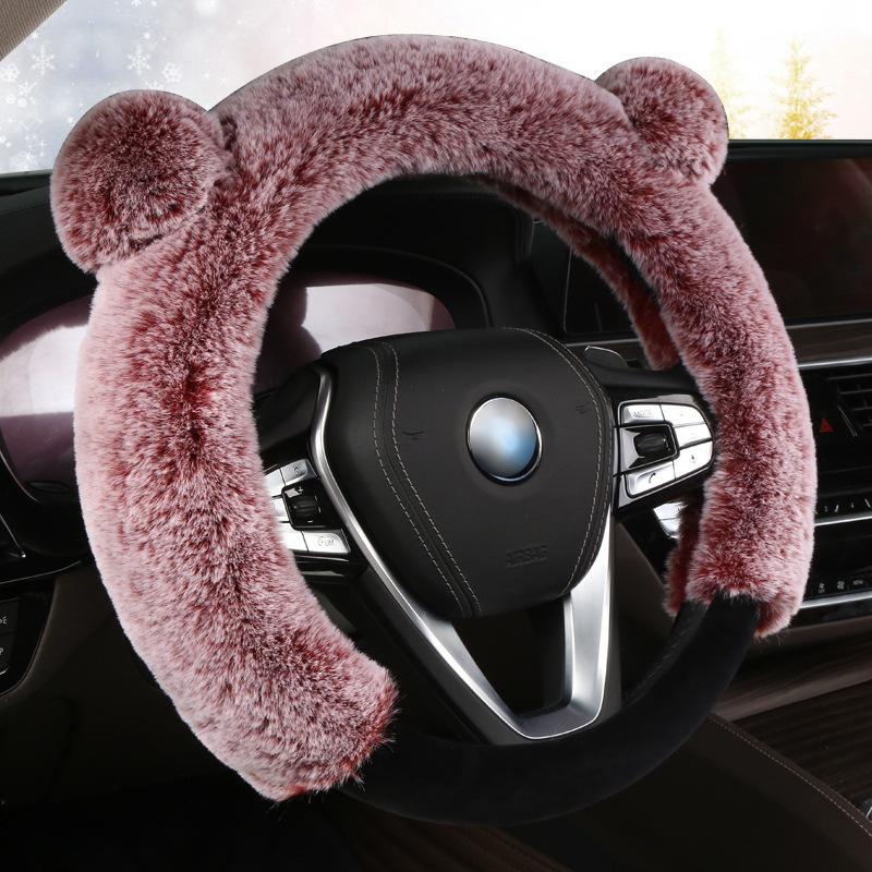 Universal Steering Wheel Cover Cartoon Cute Ear Shape Soft Faux Rabbit Fur Plush Winter Car Interior Styling for Women