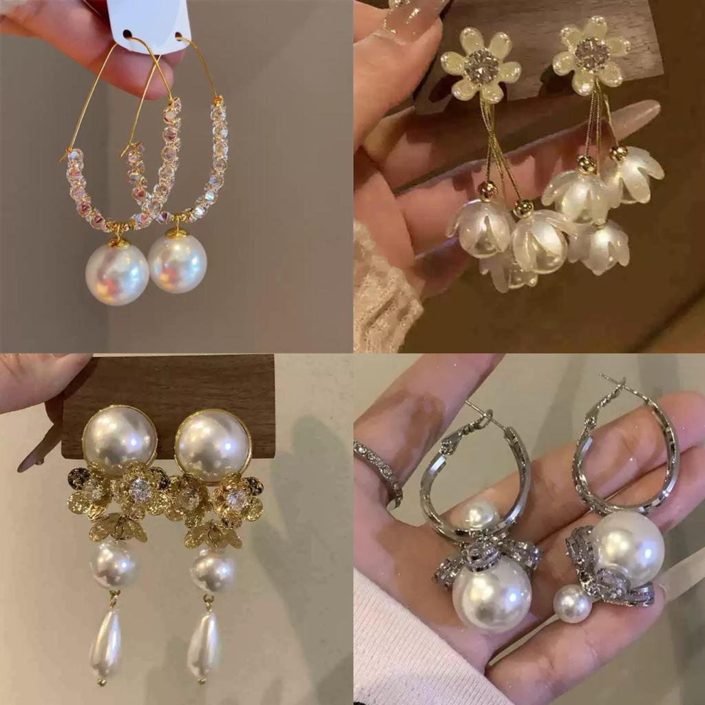 Pearl Tassel Earrings with Silver Needle & Floral Design – Medieval Vintage Style for Women