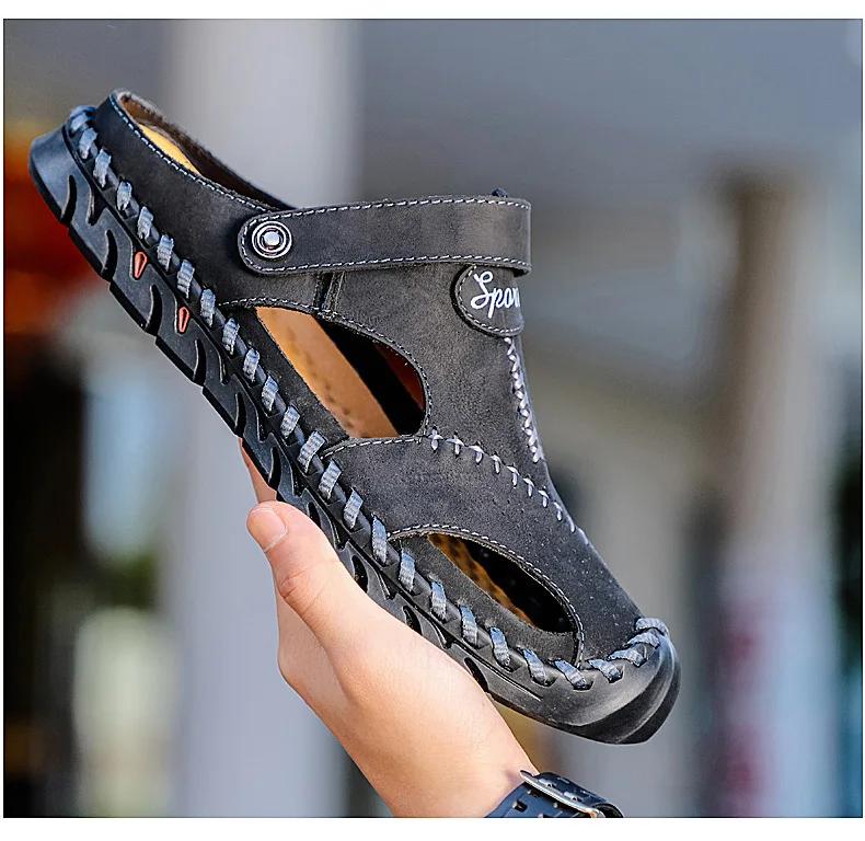 Модные мужские сандалии из натуральной кожи, мягкие удобные шлепанцы, мужская летняя уличная пляжная обувь, дизайнерские, высокого качества, мужские сандалии больших размеров
