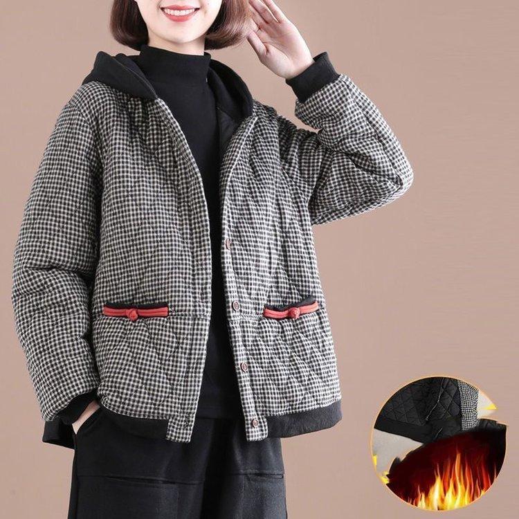 Women's Short Plaid Warm Jacket Snow Large Size Thickened Loose Warm Jacket