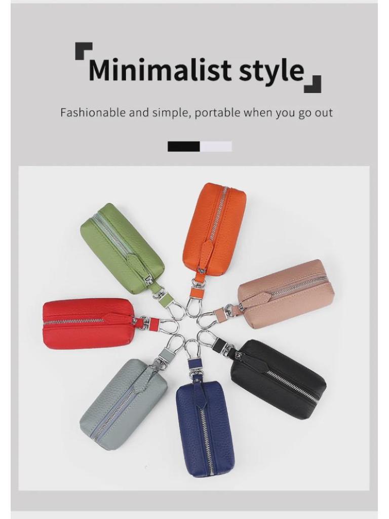 Men's Genuine Leather Car Key Bag with Zipper - Top Layer Cowhide Key Cover and Household Keychain