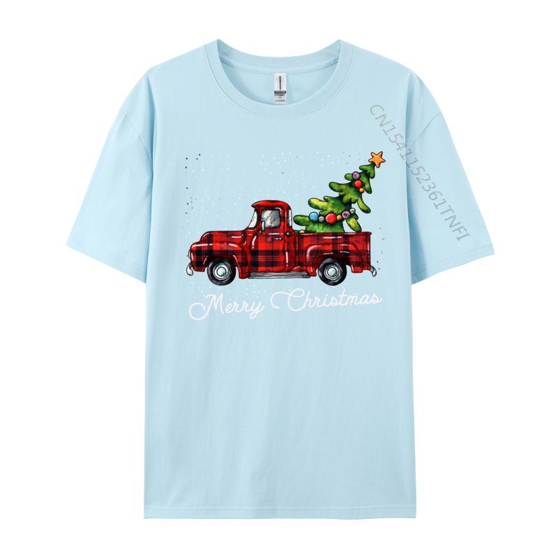 Crafty Merry Christmas Tree On Red Plaid Pickup T-Shirt Men Round-Neck Camisas Casual Tshirt Soft Cotton Fit Tee