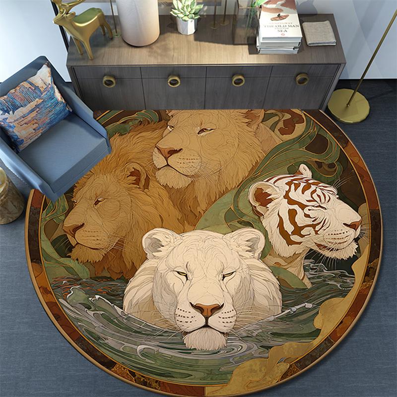 Круглый ковер со львами, Ковер для гостиной, спальни, дивана, игровой комнаты, Нескользящий коврик для пола
