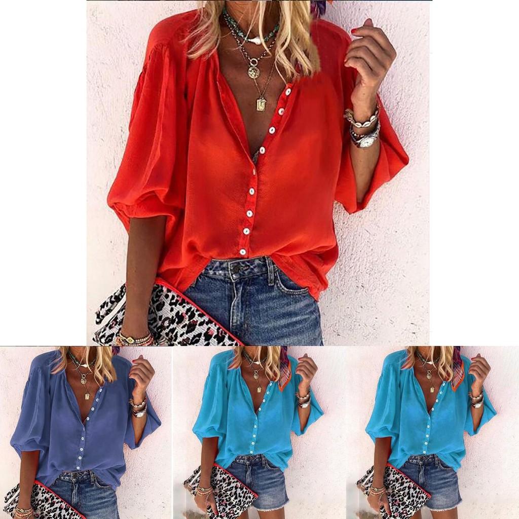 Stylish Women's 3/4 Sleeve Shirt Top Comfortable Loose Fit Button Down Blouse T-shirt