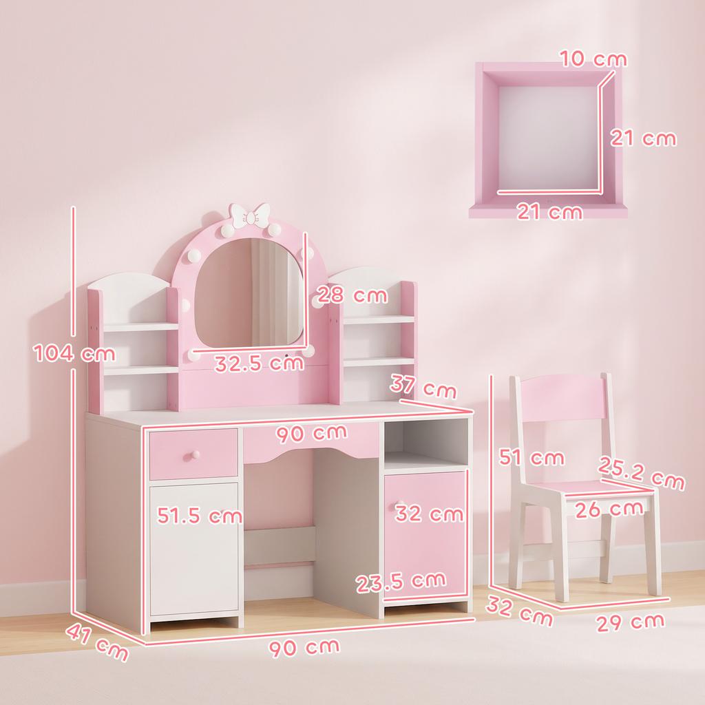 Kids Dressing Table, Kids Vanity Set with Stool, Pink