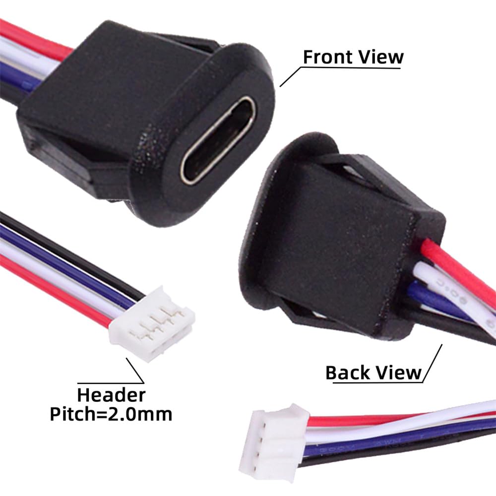 Cablecc Set Female Socket To Header Latch DIY OEM DC 5V Power 5-Piece Type-C 4-Pin Cable, 2.0mm Pitch, Mount, Support,
