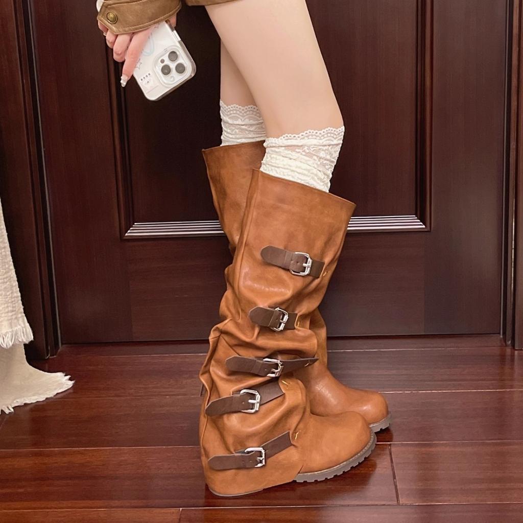 Vintage Belt Buckle Trouser Tube Western Cowboy Boots Women's Medieval Stacking Boots Bundle Thick Sole Heightening Long Tube Martin Boots