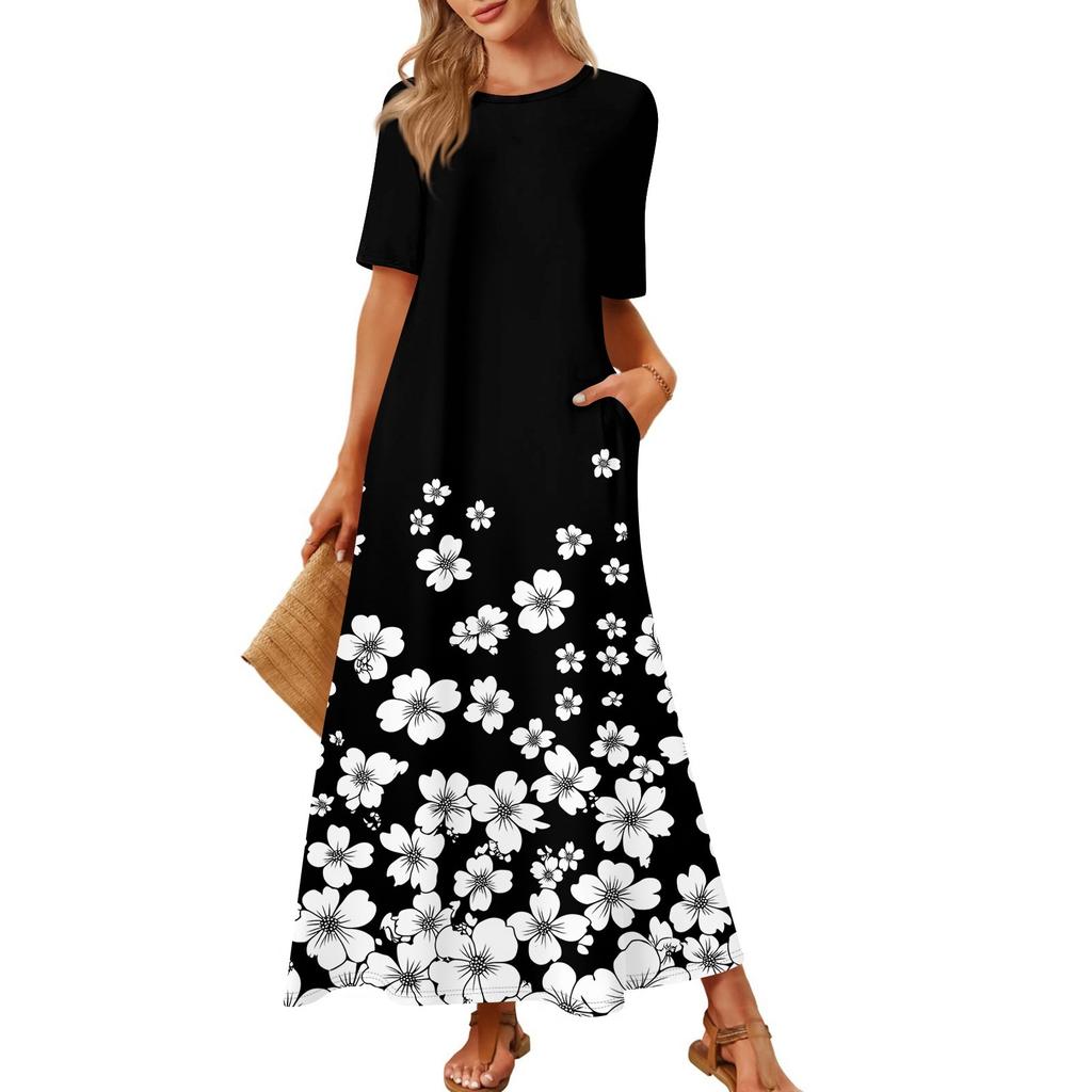 Women's Fashionable And Casual Long Beach Skirt Round Neck Short Sleeved Loose Retro Print Dress