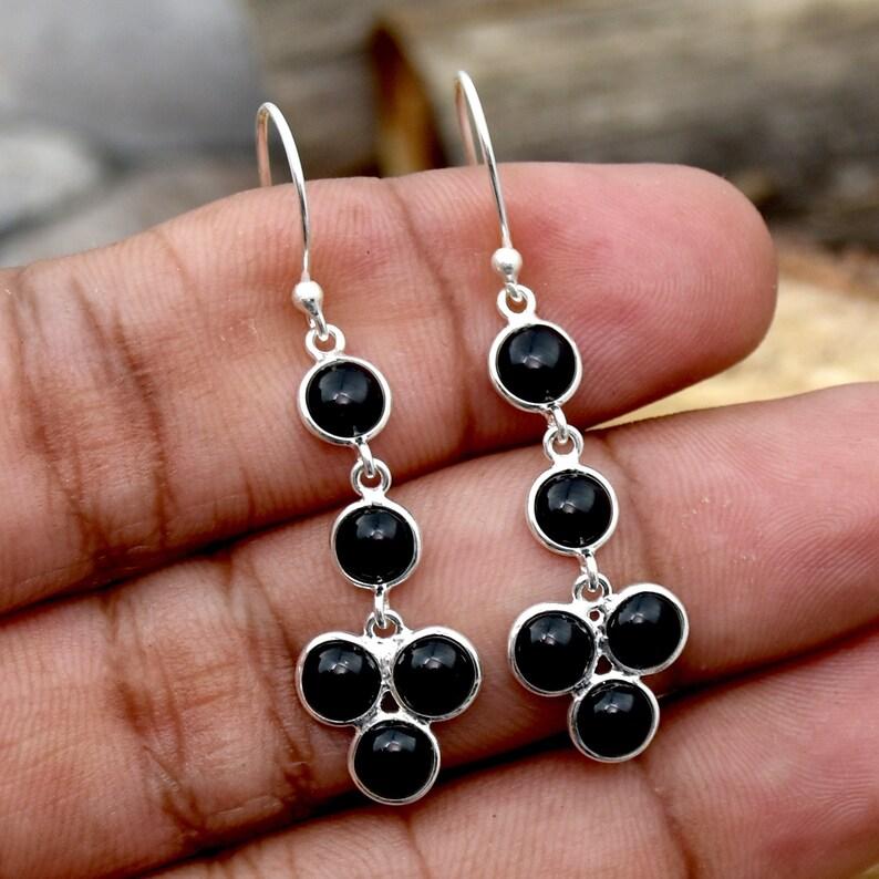 Длинные серьги с черным ониксом и круглым драгоценным камнем, проданы, серьги из стерлингового серебра 925 пробы, подарок для нее, серьги с камнем, свадебный подарок