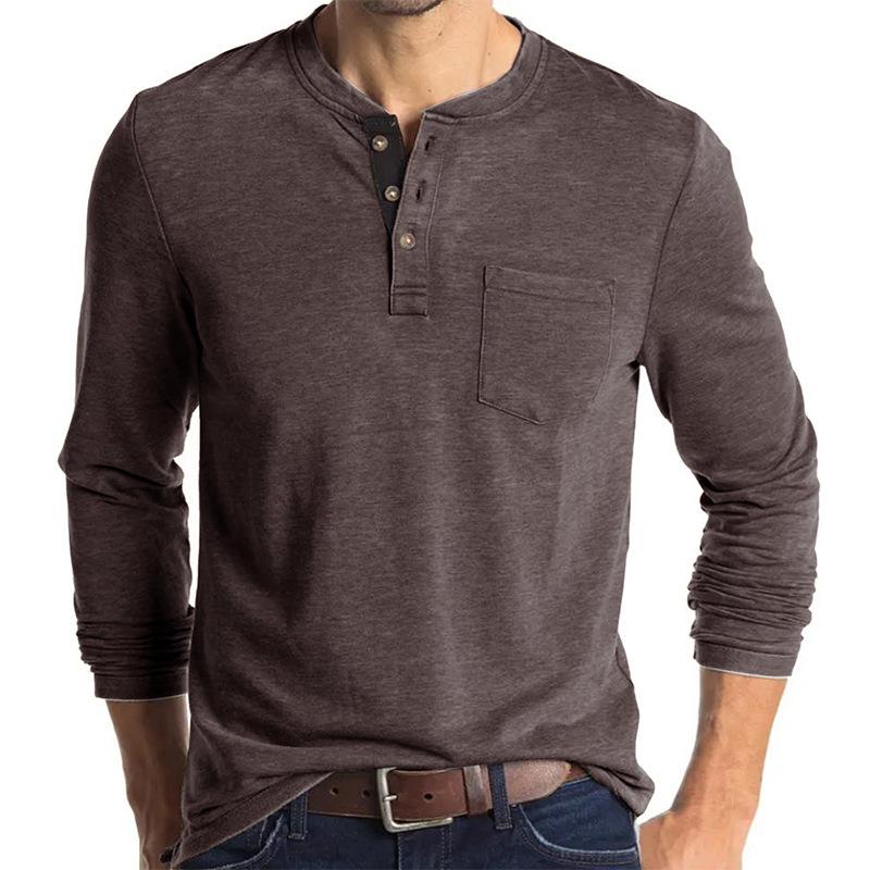 Beauty Vintage Casual Round Neck T-shirt Men's Solid Button Patchwork Pocket Trendy Versatile Cotton Breathable Long Sleeve Top