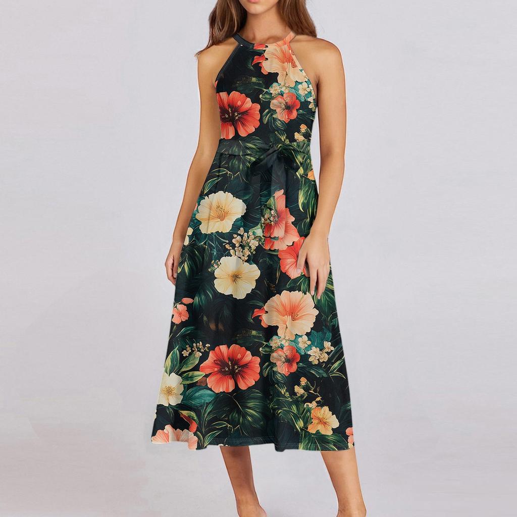 Женское повседневное платье миди с круглым вырезом, классическое, повседневное, без рукавов, свободное платье в стиле бохо с завязками, летний пляжный сарафан