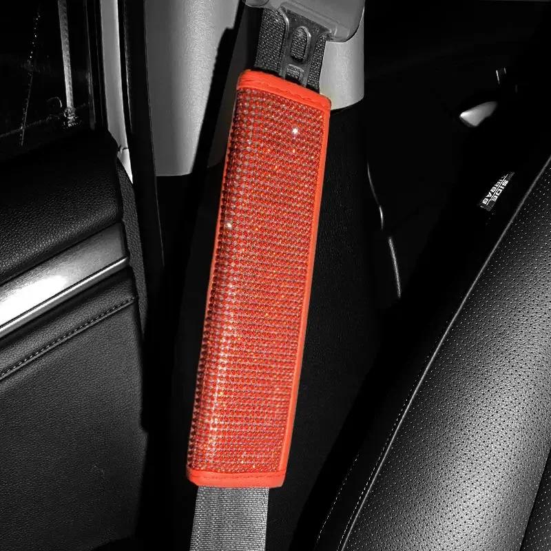 Bling Car Accessories Women Handbrake Gear Shift Rearview Mirror Armrest Cover Shoulder Pad Red Rhinestone Decoration Styling