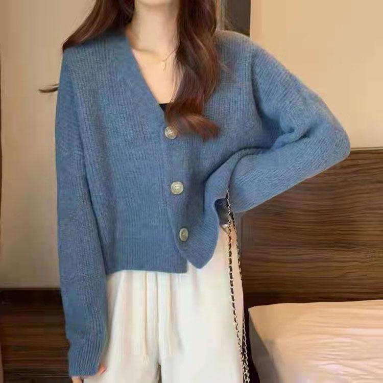 Женский вязаный кардиган с V-образным вырезом - Повседневный корейский стиль с длинными рукавами, Модная тенденция 2023 года для студенток
