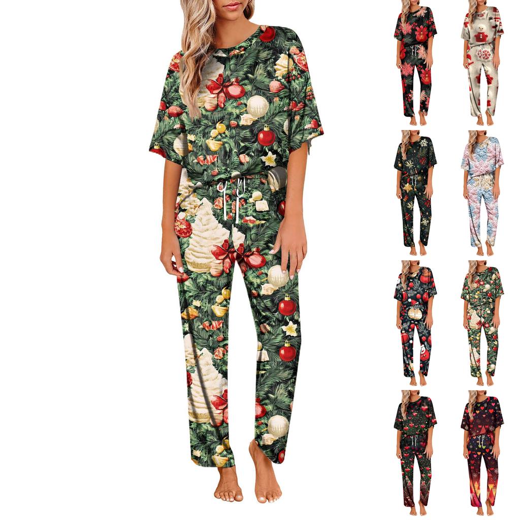 Женский шелковый атласный пижамный комплект с рождественским принтом, рубашка с коротким рукавом и длинные пижамные штаны, мягкая домашняя одежда
