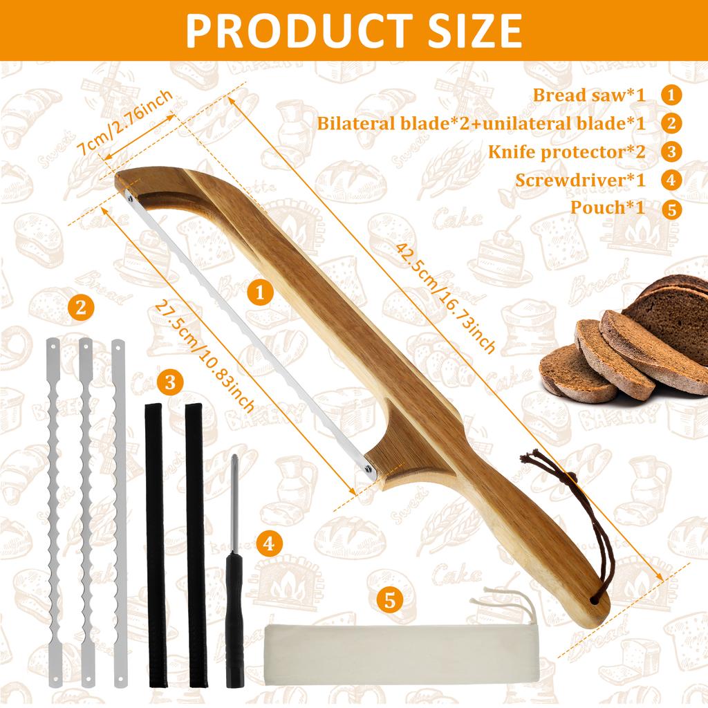 Bow Bread Knife with 3 Stainless Steel Blades Wood Handle Bread Bow Knife Multipurpose Sourdough Bread Knife for Homemade Bread