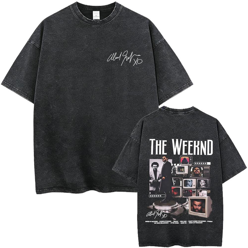 Rapper The Weeknd Album Cover Washed Vintage Tshirt Men Women Hip Hop Rap Pop Music Short Sleeve T Shirts Harajuku Streetwear
