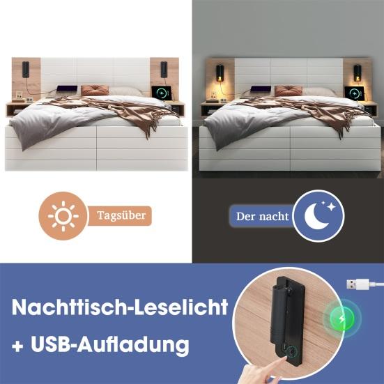 Teen Bed 180x200cm Double with 2 Drawers Bedside Cabinets Reading Light USB Youth Charging Function Headboard Strong Wood Slat Support Bedroom
