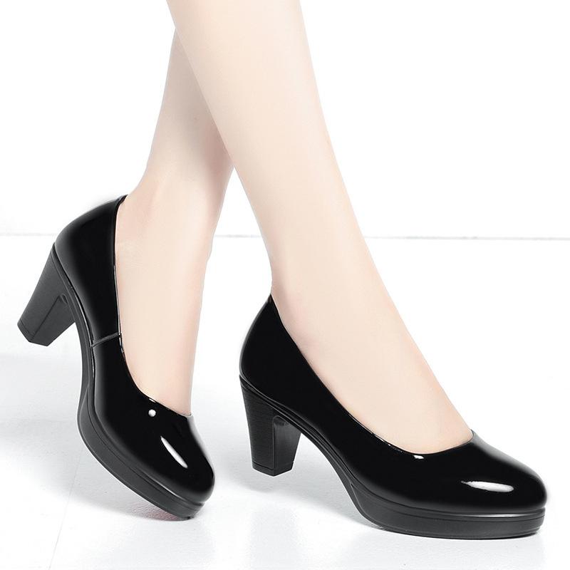 Professional Shallow Mouth Single Shoes For Women Round Toe Thick Sole Non-slip Black Thick High Heel Work Shoes